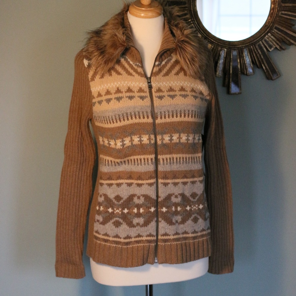 Ralph Lauren zip up brown sweater faux fur collar